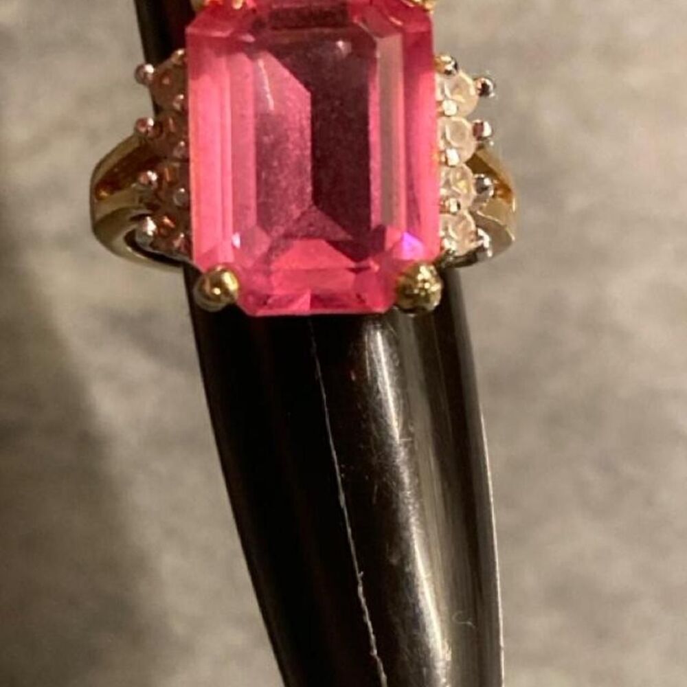 Vintage Gold-Tone Emerald-Cut Pink Gemstone Cocktail Ring